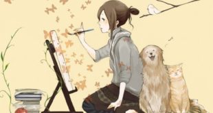 Ilustración de una mujer pintando un cuadro acompañada de un perro y un gato